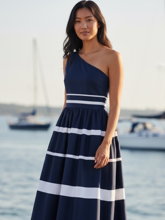 J. Crew Dresses & Skirts - J Crew One Shoulder Maxi Midi Dress Sz 0 XS Navy Blue White Striped Nautical